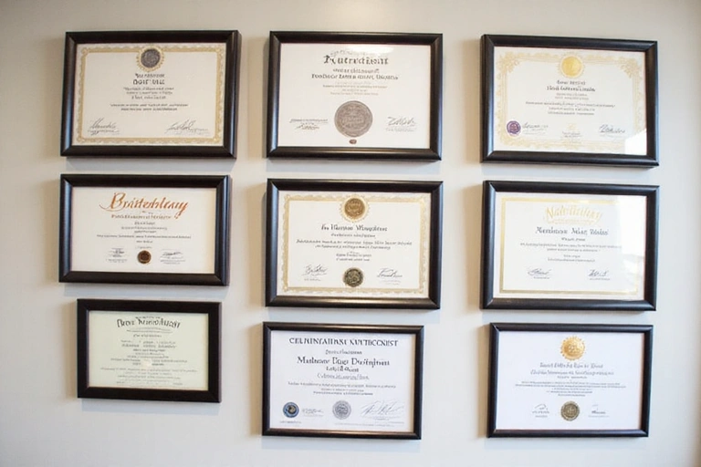 Certificates and awards displayed neatly