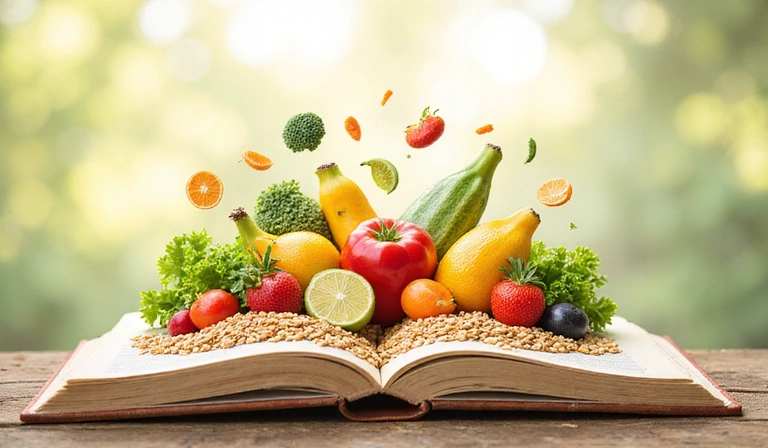 An open book with healthy food illustrations, symbolizing knowledge and healthy eating.