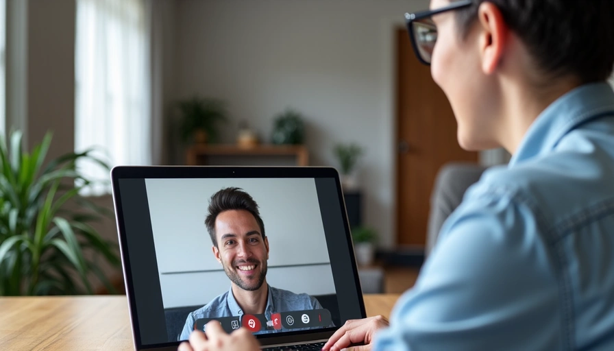 Person engaged in an online video call with a nutritionist, smiling and interacting with the screen.